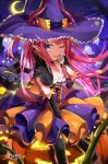 1girl ;p artist_name bangs bare_tree between_legs black_legwear blue_eyes breasts candy closed_mouth crescent_moon earrings elizabeth_bathory_(halloween)_(fate) fate/grand_order fate_(series) food hand_between_legs hat holding holding_food horns jack-o&#039;-lantern jewelry lancer_(fate/extra_ccc) lollipop long_hair looking_at_viewer moon one_eye_closed outdoors over-kneehighs plant pointy_ears purple_hair rin_yuu sidelocks signature small_breasts smile solo thigh-highs tongue tongue_out tree tsurime two_side_up vines witch_hat 