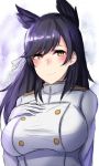  1girl animal_ears atago_(azur_lane) azur_lane black_hair blush breast_suppress breasts brown_eyes buttons commentary_request gloves highres kuuki_(rakam) large_breasts long_hair looking_at_viewer military mole mole_under_eye smile solo uniform upper_body white_gloves 