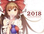  &gt;:) 1girl 2018 ascot bare_shoulders bow brown_eyes brown_hair calendar closed_mouth cover_image covering_mouth detached_sleeves eyebrows_visible_through_hair facing_viewer frilled_bow frilled_shirt_collar frills hair_bow hakurei_reimu holding japanese_clothes long_hair long_sleeves looking_at_viewer miko ofuda red_bow ribbon-trimmed_sleeves ribbon_trim shiyun simple_background solo touhou upper_body white_background 