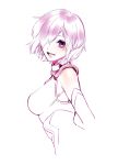  1girl :d bare_shoulders blush breasts cropped_torso elbow_gloves fate_(series) from_side gloves hair_over_one_eye large_breasts looking_at_viewer looking_to_the_side monochrome one_eye_covered open_mouth pink pink_eyes pink_hair shielder_(fate/grand_order) short_hair simple_background smile solo white_background yosi135 