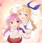  &gt;_&lt; 2girls bad_hands blonde_hair blue_ribbon blush brown_eyes commentary_request hair_ribbon hat hat_ribbon highres kino_(kino_511) long_hair looking_at_another multiple_girls open_mouth ponytail purple_hair ribbon short_sleeves siblings sisters sketch sweat touhou upper_body watatsuki_no_toyohime watatsuki_no_yorihime white_hat yellow_ribbon 
