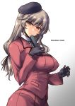  1girl beret black_gloves blush breasts brown_eyes character_request erect_nipples fan girls_und_panzer gloves grey_hair hat large_breasts long_hair looking_at_viewer shimada_chiyo shinshin simple_background smile solo standing twitter_username white_background 