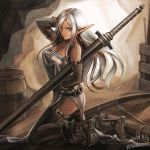  1girl arm_belt arrow bangs barrel belt bow_(weapon) breasts cleavage dark_elf dark_skin dated dress earrings elbow_gloves elf from_side gloves hand_in_hair highres indoors jewelry kneeling light_frown lips long_hair long_sword looking_at_viewer looking_to_the_side medium_breasts on_floor original parted_bangs pointy_ears quiver red_eyes shiny shiny_hair side_slit silver_dress silver_hair sleeveless sleeveless_dress solo sushi_(sashimise) thigh-highs thigh_strap twitter_username weapon 