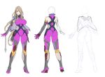  1girl ass bodysuit breasts brown_hair capelet chains commentary concept_art covered_navel elbow_gloves female full_body gloves hair_over_one_eye high_heels highres kunai large_breasts long_hair looking_at_viewer ninja sano_toshihide simple_background skin_tight solo standing taimanin_(series) taimanin_asagi_battle_arena tekkain_kaworu_(taimanin_asagi_battle_arena) weapon white_background 