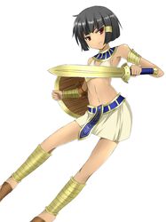  1girl anklet assal_(sennen_sensou_aigis) black_hair dark_skin flat_chest highres holding holding_sword holding_weapon jewelry navel red_eyes sennen_sensou_aigis shield short_hair solo suimii sword tan_skirt weapon 