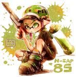  1boy black_footwear black_shirt black_shorts closed_mouth dated domino_mask full_body green_eyes green_hair hair_slicked_back harutarou_(orion_3boshi) helmet holding holding_weapon ink_tank_(splatoon) inkling looking_at_viewer male_focus mask n-zap_(splatoon) paint_splatter pointy_ears scrunchie shirt shoes short_hair short_sleeves shorts single_vertical_stripe sitting solo splatoon splatoon_1 striped striped_shirt tentacle_hair topknot vertical-striped_shirt vertical_stripes weapon white_background 