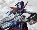  1girl badge blue_eyes blue_hair bodysuit breasts caitlyn_(league_of_legends) gun huge_weapon kalma league_of_legends long_hair medium_breasts pale_skin ponytail pulsefire_caitlyn rifle tagme weapon 