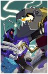  2boys autobot blue_eyes claws decepticon dinosaur glowing glowing_eyes grimlock insignia machine machinery marcelomatere mecha monocle multiple_boys no_humans open_mouth personification red_eyes robot sharp_teeth shockwave_(transformers) teeth transformers transformers_animated tyrannosaurus_rex 