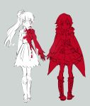  2girls blood blood_splatter color_connection commentary_request hood hoodie iesupa multiple_girls ponytail ruby_rose rwby scar scar_across_eye short_hair weiss_schnee 