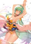  1girl armpits arms_behind_head arms_up bikini blush breasts cleavage closed_mouth cowboy_shot fate_(series) green_hair greetload highres large_breasts long_hair looking_at_viewer smile solo swimsuit thighs yellow_bikini yellow_eyes 