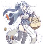  1girl ainu_clothes breasts carrot cowboy_shot crate dated dress folded_ponytail headband hiroichi kamoi_(kantai_collection) kantai_collection large_breasts long_hair potato sideboob signature simple_background sketch sleeveless sleeveless_dress solo thigh-highs white_background white_hair wrist_guards 