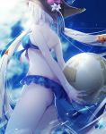 1girl ass back ball bare_shoulders beachball bikini blue_bikini blue_sky blurry clouds cloudy_sky day depth_of_field fate/grand_order fate_(series) from_behind from_side glint hat heart highres holding holding_ball lens_flare long_hair marie_antoinette_(fate/grand_order) marie_antoinette_(swimsuit_caster)_(fate) outdoors sky solo starfish swimsuit thighs tr_(hareru) twintails very_long_hair white_hair 