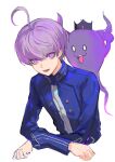  1boy absurdres ahoge binxngchng1 blue_jacket commentary crown ghost highres jacket kokohead_yuma long_sleeves looking_at_viewer male_focus master_detective_archives:_rain_code open_mouth purple_hair shinigami_(rain_code) short_hair simple_background smile upper_body violet_eyes white_background 