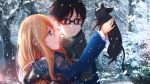  1boy 1girl absurdres animal arima_kousei black-framed_eyewear black_eyes black_hair black_scarf blonde_hair cat from_side hair_between_eyes highres holding holding_animal long_hair miyazono_kawori outdoors scarf shigatsu_wa_kimi_no_uso smile snow_on_head snowing standing tree upper_body xi_chen_chen 