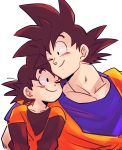  2boys ;) black_eyes black_hair dougi dragon_ball dragonball_z father_and_son happy highres long_sleeves looking_at_another male_focus miiko_(drops7) multiple_boys one_eye_closed short_hair simple_background smile son_gokuu son_goten spiky_hair white_background 