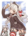  &gt;:o 2girls :o ahoge akitsushima_(kantai_collection) amatsukaze_(kantai_collection) animal arm_at_side arm_up bangs beak bird black_eyes black_hairband black_neckwear blue_sky blush blush_stickers breasts brown_dress buttons chicken choker clouds cloudy_sky colored_eyelashes cowboy_shot day dress eyebrows eyebrows_visible_through_hair facing_away floating_hair food garter_straps gloves gluteal_fold hair_between_eyes hair_tubes hairband holding holding_animal holding_food ice_cream ice_cream_cone kantai_collection lavender_hair legs_apart lifebuoy long_hair long_sleeves looking_at_viewer monaka_ooji multiple_girls no_nose open_mouth orange_eyes outdoors outline raised_eyebrows sailor_collar sailor_dress short_dress side_ponytail silver_hair sky sleeves_past_wrists small_breasts solo_focus standing straight_hair striped striped_legwear sweat thigh-highs triangle_mouth tsurime two_side_up vanilla_ice_cream very_long_hair white_gloves white_outline windsock zettai_ryouiki 