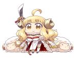  1girl =_= ahoge anila_(granblue_fantasy) bangs blonde_hair blunt_bangs blush breasts cape chan_co chibi cleavage closed_mouth commentary_request eyebrows_visible_through_hair fur_trim gloves granblue_fantasy holding holding_weapon horns large_breasts long_hair looking_at_viewer pelvic_curtain polearm sheep simple_background smile solo standing thick_eyebrows thigh-highs weapon white_background white_gloves yellow_eyes 
