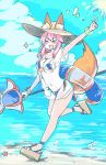  1girl :3 animal_ears beach bikini blue_bikini blush breasts cleavage closed_eyes day ears_through_headwear fate/extra fate/grand_order fate_(series) fox_ears fox_tail hat innertube large_breasts long_hair navel ocean open_mouth outdoors parasol pink_hair solo sun swimsuit tail tamamo_(fate)_(all) tamamo_no_mae_(swimsuit_lancer)_(fate) umbrella yoizuki_rito 