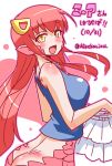  1girl :d animal_ears ass bangs bare_arms bare_shoulders blue_shirt blush breasts butt_crack character_name dated eyebrows_visible_through_hair fang from_behind hair_ornament happy_birthday holding holding_skirt lamia large_breasts long_hair looking_at_viewer looking_back miia_(monster_musume) monster_girl monster_musume_no_iru_nichijou open_mouth partially_undressed scales shake-o shirt sleeveless sleeveless_shirt slit_pupils smile solo standing translated twitter_username undressing very_long_hair yellow_eyes 