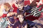  2girls aqua_eyes arm_up artoria_pendragon_(all) artoria_pendragon_(lancer) artoria_pendragon_(lancer_alter) blonde_hair braid breasts cape center_opening cleavage cleavage_cutout closed_mouth covered_navel cowboy_shot crown dutch_angle eyebrows_visible_through_hair fate/grand_order fate_(series) flag fur_trim gauntlets grey_hair hair_between_eyes hair_ornament highres hip_vent lance large_breasts multiple_girls navel outdoors outstretched_arm pauldrons polearm short_hair_with_long_locks sidelocks sunlight thigh-highs turtleneck under_boob weapon yang-do yellow_eyes 