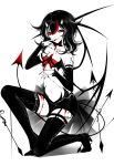  1girl absurdres bare_shoulders black_hair blood bow demon_tail demon_wings detached_sleeves highres horns kijin_seija limited_palette midriff multicolored_hair parted_lips red_eyes redhead sheya short_shorts shorts solo spot_color streaked_hair tail thigh-highs touhou white_hair wings 