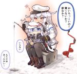  2girls :3 auger black_footwear black_gloves black_legwear blue_eyes blush boots box brown_gloves commentary drunk eyebrows_visible_through_hair eyes_visible_through_hair fishing fishing_rod flat_cap gangut_(kantai_collection) gloves hair_between_eyes hair_ornament hairclip hammer_and_sickle hat hibiki_(kantai_collection) hip_flask ice_fishing jacket kantai_collection long_hair long_sleeves multiple_girls open_mouth pantyhose peaked_cap pleated_skirt red_eyes rensouhou-kun scar silver_hair sitting sitting_on_box skirt star tanaka_kusao translated verniy_(kantai_collection) white_jacket |_| 