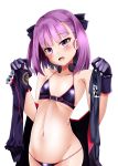  1girl :d bangs bare_shoulders bikini black_bikini black_gloves blunt_bangs collarbone erect_nipples eyebrows_visible_through_hair fate/grand_order fate_(series) flat_chest frills gloves groin hair_ribbon head_tilt helena_blavatsky_(fate/grand_order) holding_clothes navel one-piece_swimsuit open_mouth pink_eyes pink_hair ribbon school_swimsuit shirosuzu short_hair simple_background smile solo stomach swimsuit swimsuit_removed tsurime upper_body white_background 