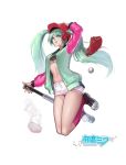  1girl absurdres baseball baseball_bat baseball_glove blue_eyes blue_hair breasts cleavage eyebrows_visible_through_hair full_body hatsune_miku highres kneehighs large_breasts looking_at_viewer navel parted_lips pink_legwear solo twintails under_boob uronte vocaloid 