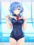  1girl black_sailor_collar blue_eyes blue_hair blush breasts covered_navel cowboy_shot gluteal_fold hair_ornament hair_over_one_eye hitsukuya indoors looking_at_viewer medium_breasts neckerchief pool re:zero_kara_hajimeru_isekai_seikatsu red_neckerchief rem_(re:zero) sailor_collar sailor_shirt school_swimsuit school_uniform serafuku shirt shirt_lift short_hair solo swimsuit swimsuit_under_clothes thigh_gap x_hair_ornament 