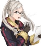  1girl bespectacled brown_eyes cloak coffee coffee_mug cup female female_my_unit_(fire_emblem:_kakusei) fire_emblem fire_emblem:_kakusei glasses holding holding_cup kamu_(kamuuei) looking_at_viewer mug my_unit_(fire_emblem:_kakusei) nintendo paper simple_background solo twintails white_background white_hair 