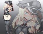  1girl :o adjusting_clothes adjusting_hat anchor arm_at_side arm_up armlet banitei bismarck_(kantai_collection) black_footwear blonde_hair blue_eyes blush boots breasts brown_gloves collar collarbone commentary_request detached_sleeves eyebrows_visible_through_hair full_body gloves gradient gradient_background grey_background hair_between_eyes hand_on_headwear hat head_tilt kantai_collection long_sleeves looking_at_viewer medium_breasts open_mouth peaked_cap sideboob solo standing thigh-highs thigh_boots under_boob underboob_cutout zoom_layer 