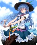  1girl :d bangs between_legs black_hat blue_hair blue_skirt blue_sky blush boots bow bowtie brown_footwear center_frills clouds cross-laced_footwear day eyebrows_visible_through_hair eyelashes floating_rock food frilled_skirt frills fruit hat highres hinanawi_tenshi knee_boots lace-up_boots long_hair looking_at_viewer open_mouth outdoors peach rainbow_order red_bow red_bowtie red_eyes ruu_(tksymkw) shirt short_sleeves sitting skirt sky smile solo sword tareme touhou very_long_hair weapon white_shirt 