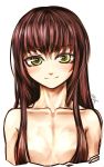  1girl absurdres bangs blush breasts brown_hair close-up closed_mouth commentary_request cropped_torso dated eyebrows_visible_through_hair green_eyes hair_between_eyes hair_censor hair_over_breasts highres kotoba_noriaki long_hair nude signature simple_background small_breasts smile solo white_background 