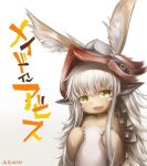  1girl absurdres animal_ears blush_stickers copyright_name furry gradient gradient_background highres horns long_hair looking_at_viewer made_in_abyss nanachi_(made_in_abyss) open_mouth rabbit_ears simple_background sinian_tangyuan smile solo upper_body white_hair yellow_eyes 