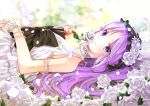  1girl bangs bead_bracelet bead_necklace beads blurry bokeh bonnet bracelet depth_of_field dress euryale eyebrows_visible_through_hair fate/hollow_ataraxia fate_(series) fingernails flower hairband holding holding_flower iroha_(shiki) jewelry lolita_hairband long_hair looking_at_viewer lying nail_polish necklace on_back purple_hair purple_nails rose sleeveless sleeveless_dress smelling smile solo sunlight violet_eyes white_dress white_rose 