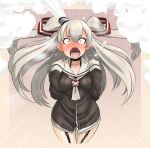  1girl amatsukaze_(kantai_collection) blush dress fangs garter_straps highres kantai_collection open_mouth ryuun_(stiil) sailor_dress see-through silver_hair smoke smokestack two_side_up windsock yellow_eyes 