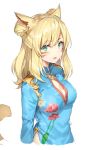  1girl animal_ears bangs blonde_hair blue_dress blush breasts center_opening china_dress chinese_clothes cropped_torso double_bun dress eyebrows_visible_through_hair final_fantasy final_fantasy_xiv long_hair looking_at_viewer medium_breasts miqo&#039;te momoko_(momopoco) open_mouth side_slit sidelocks simple_background solo whisker_markings white_background 