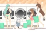  4girls ahoge alternate_costume barefoot blue_eyes blue_shirt breasts brown_eyes brown_hair dog_tags green_eyes green_hair hair_between_eyes hibiki_(kantai_collection) inazuma_(kantai_collection) jewelry kantai_collection kongou_(kantai_collection) large_breasts laundry laundry_basket long_hair long_sleeves multiple_girls necklace panties shirt short_sleeves signature small_breasts star striped striped_background suzuya_(kantai_collection) white_hair white_shirt yua_(checkmate) 