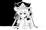 1girl bangs bow closed_mouth epaulettes eyebrows_visible_through_hair greyscale hair_between_eyes hat hat_ribbon high_contrast holding long_sleeves monochrome ribbon ritual_baton rod_of_remorse shiki_eiki short_hair simple_background solo touhou upper_body 