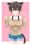  1girl amesawa_mokke animal_ears bangs bare_shoulders blush breasts cat_ears cat_tail collarbone cowboy_shot eyebrows_visible_through_hair hands_up highres large_breasts looking_at_viewer open_mouth original ribbed_sweater short_hair shorts sidelocks solo sweater tail tareme teeth 