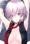  1girl armpits arms_up black_vest blush breasts bright_pupils cleavage collarbone commentary_request expressionless eyebrows_visible_through_hair eyes_visible_through_hair fate/grand_order fate_(series) grey_jacket hair_over_one_eye highres jacket karaage_bou medium_breasts necktie no_bra open_clothes open_jacket open_vest parted_lips pink_eyes pink_hair red_necktie shielder_(fate/grand_order) shiny shiny_hair short_hair sleeveless solo upper_body vest 