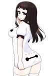  1girl ass baymax baymax_(cosplay) big_hero_6 black_hair blush bodycon breasts chan_co cosplay cowboy_shot hime_cut long_hair looking_at_viewer looking_back medium_breasts personification short_sleeves simple_background solo standing thigh-highs violet_eyes white_background white_legwear zettai_ryouiki 