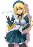  1girl alternate_costume apron ascot atago_(kantai_collection) beret black_gloves blonde_hair blue_eyes blue_skirt blush breasts eyebrows_visible_through_hair eyes_visible_through_hair gloves hair_between_eyes hand_on_hip hand_up hat kantai_collection large_breasts long_hair looking_at_viewer maid_apron open_mouth pantyhose pleated_skirt sketch skirt smile wavy_hair 