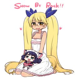  1girl :3 :d bangs barefoot blonde_hair blue_bow blush blush_stickers bow breasts brown_eyes chan_co character_doll copyright_name cyan_(show_by_rock!!) dress drooling eyebrows_visible_through_hair fang glasses hair_bow heart long_hair looking_at_viewer medium_breasts nightgown open_mouth retoree seiza show_by_rock!! sitting smile solo sparkling_eyes twintails very_long_hair white_dress 