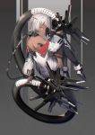  1girl absurdres bangs bare_shoulders black_rose boots chains collar commentary_request dark_skin eyepatch flower flower_eyepatch from_behind full_body grey_eyes highres jacket knees_up long_sleeves looking_at_viewer looking_back mecha_musume mechanical_tail metal_collar midair miya-ki_(miya_key) off_shoulder original parted_lips partially_unzipped rose short_hair single_thighhigh solo thigh-highs two-tone_background white_hair zipper 