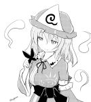  1girl bangs bow breasts butterfly butterfly_on_finger eyebrows_visible_through_hair greyscale hat looking_at_hand mob_cap monochrome neck_ribbon ribbon saigyouji_yuyuko short_hair smile taurine_8000mg triangular_headpiece wide_sleeves 