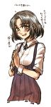  1girl :d bangs blush brown_eyes collared_shirt cropped_legs eyebrows_visible_through_hair grey_hair hands_clasped hands_together high-waist_skirt highres kotoba_noriaki looking_at_viewer open_mouth original pleated_skirt shirt short_hair short_sleeves simple_background skirt smile solo standing suspenders translation_request white_background white_shirt wrist_cuffs 