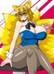  1girl akasode_(tyaramu) animal_ears blonde_hair blush bow bowtie breasts bright_pupils bunnysuit cleavage detached_collar fox_ears fox_tail huge_breasts kitsune kyuubi legs_crossed looking_at_viewer multiple_tails no_hat no_headwear open_mouth pantyhose solo tail touhou wrist_cuffs yakumo_ran yellow_eyes 