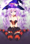  1girl blush breasts d-pad hair_ornament halloween hat highres long_hair looking_at_viewer navel nepgear neptune_(series) niche-tan open_mouth purple_hair smile solo striped striped_legwear thigh-highs violet_eyes witch_hat 