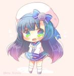  1girl black_hair blue_sailor_collar blue_skirt chibi full_body gradient_hair green_eyes hat kantai_collection kouu_hiyoyo long_hair long_sleeves matsuwa_(kantai_collection) multicolored_hair open_mouth pink_background pink_hair pleated_skirt sailor_collar sailor_hat school_uniform serafuku simple_background skirt solo white_hat 